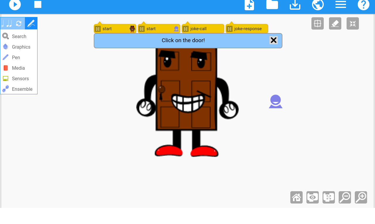 Knock-knock program; pictures a door and says "knock knock" at the top.