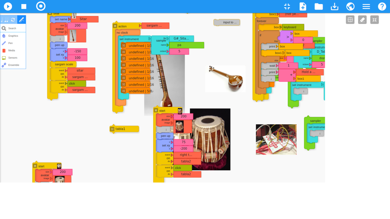 Visual code with a sitar, tanpura, and tablas.