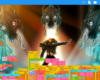 Screenshot of Music Blocks project. You see a character at center. Music Blocks visual code at bottom.