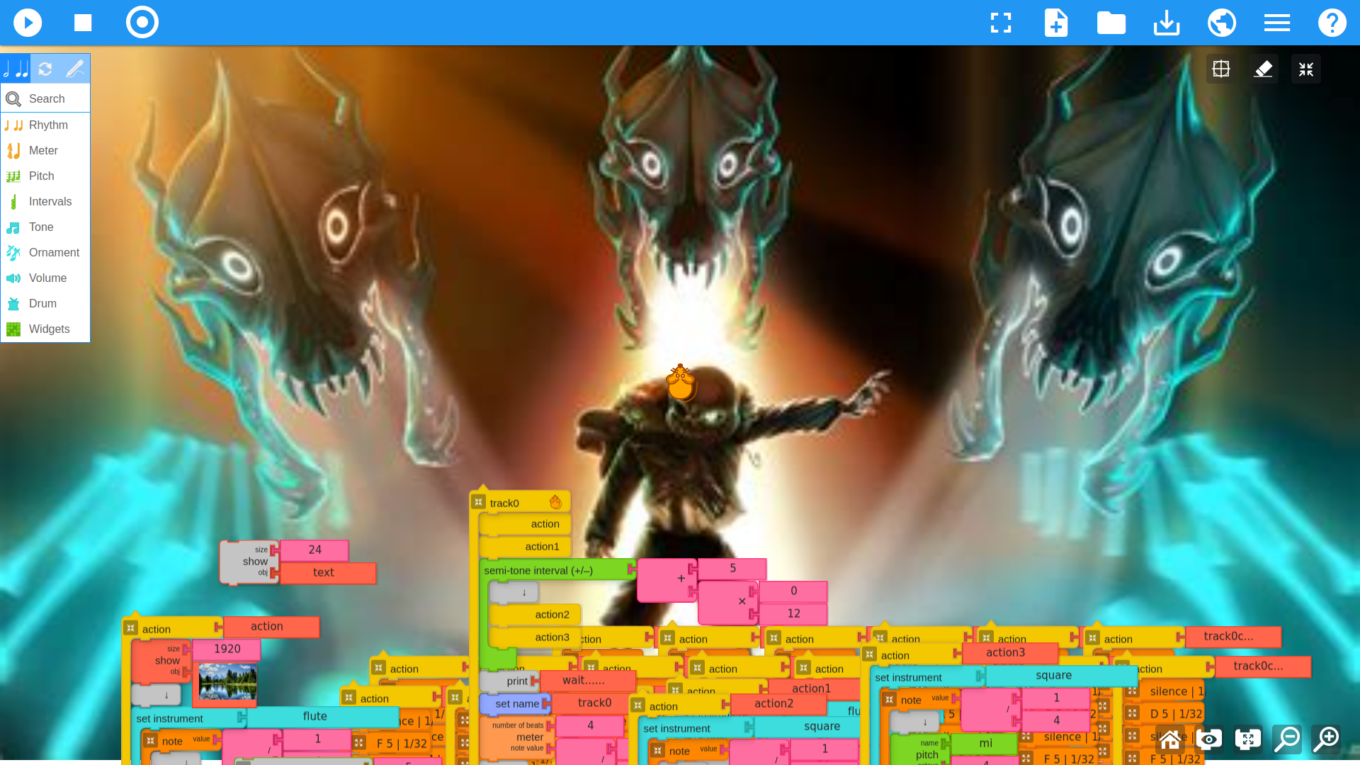Screenshot of Music Blocks project. You see a character at center. Music Blocks visual code at bottom.